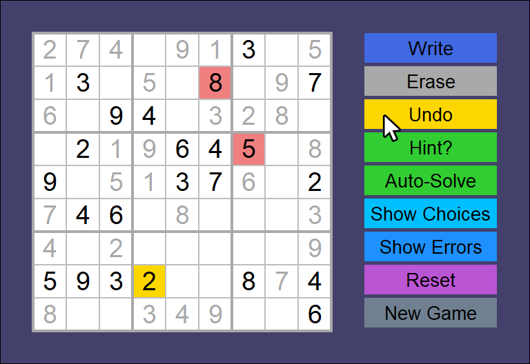 Smooth Sudoku: show errors and undo